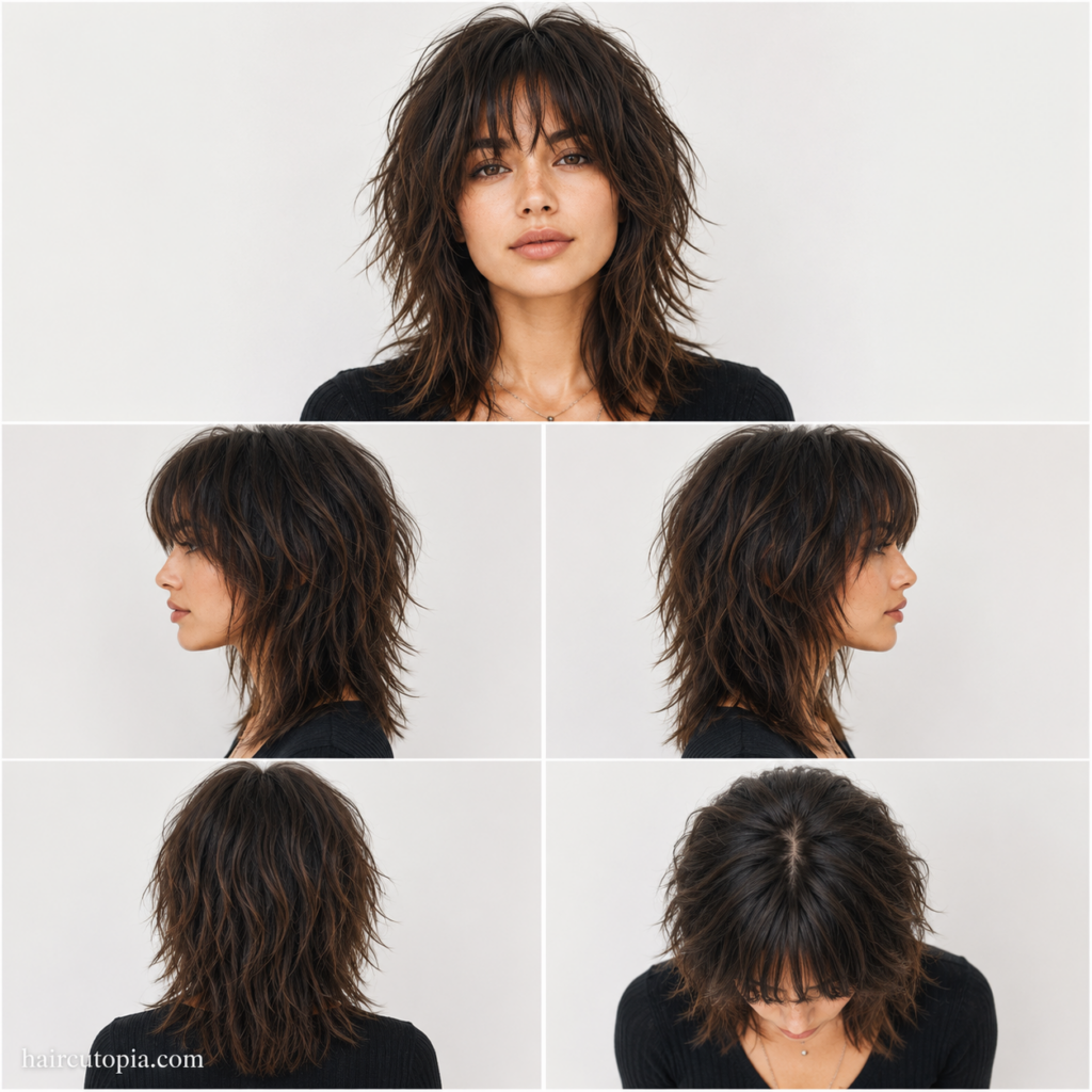 Woman with a modern shoulder-length shag haircut and curtain bangs for a round face.