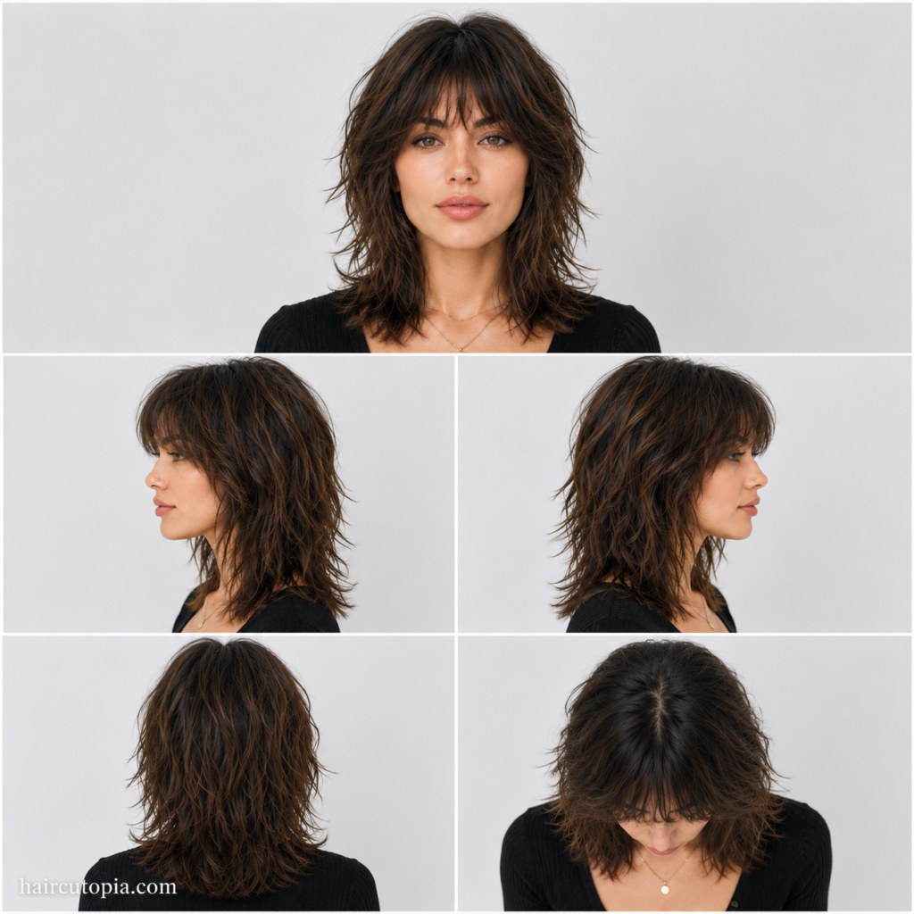 Five-panel collage showing a shag haircut for a square face from the front, left side, right side, back, and bird's-eye view.