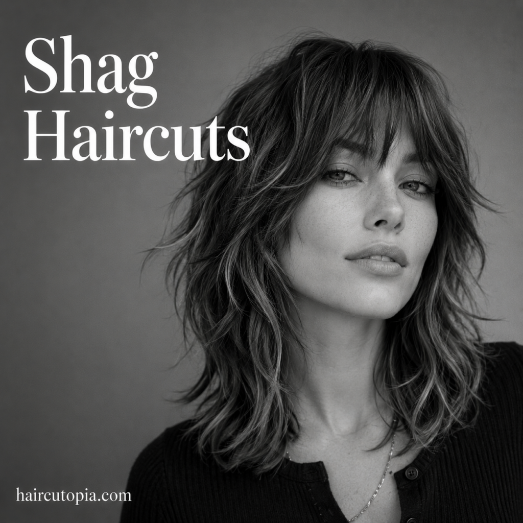 Modern shag haircut with layered texture, tousled ends, and soft bangs