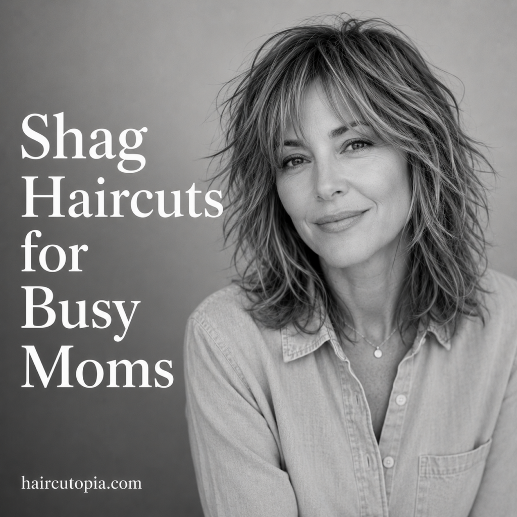 Busy mom with a modern shoulder-length shag haircut featuring soft textured layers and curtain bangs.