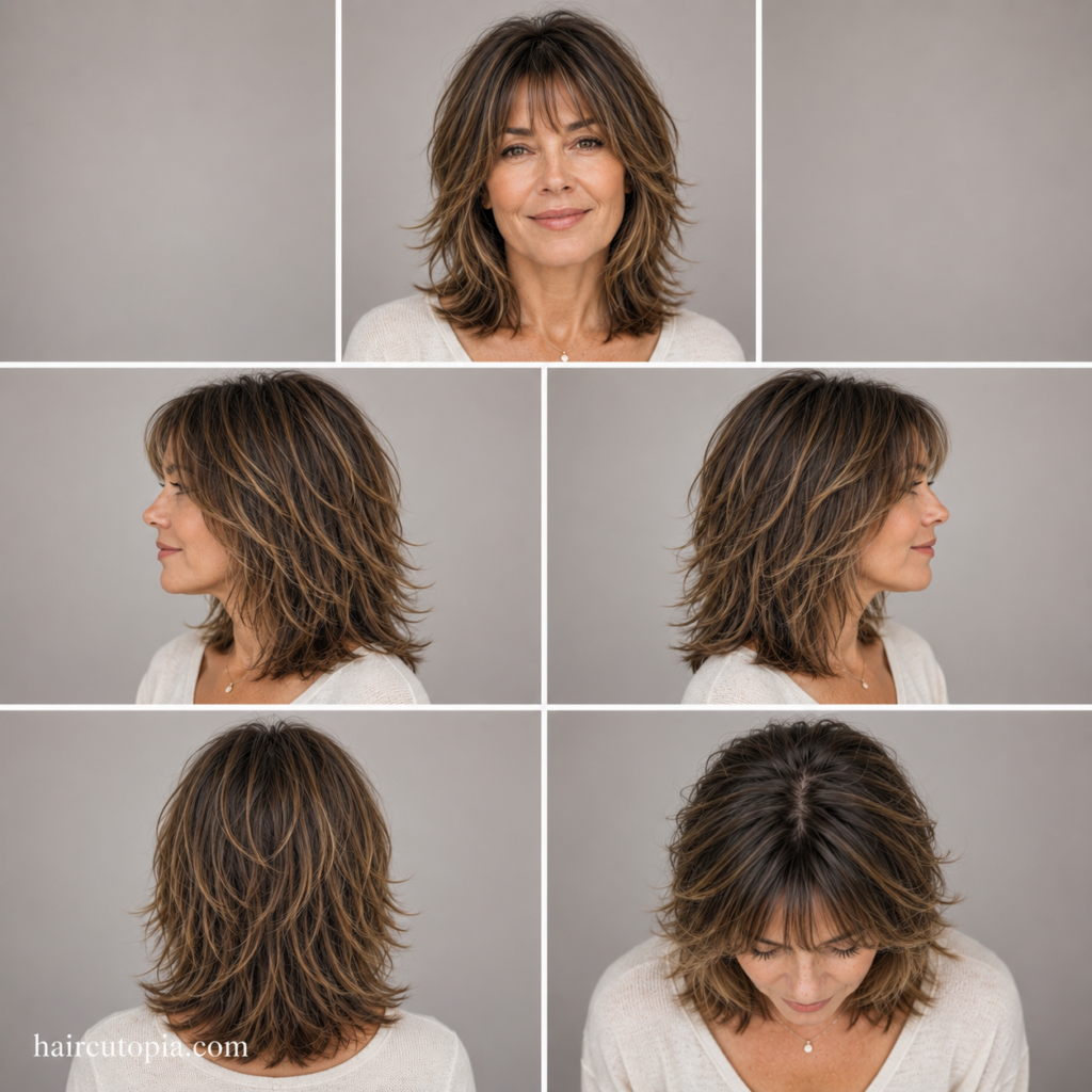 Five-view collage of a busy mom with a modern shoulder-length shag haircut showing the front, left side, right side, back, and top views.