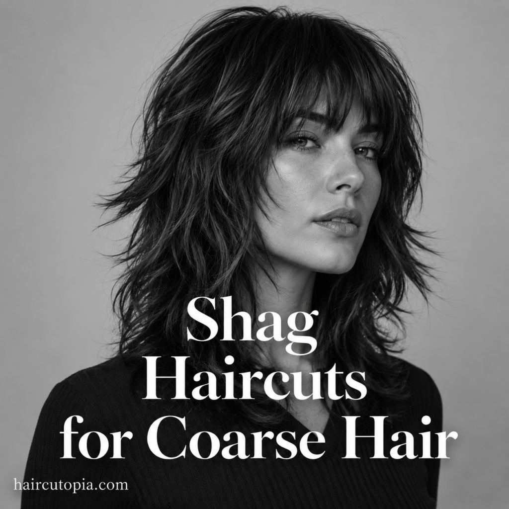Woman with a layered shag haircut for coarse hair featuring textured layers, full volume, and wispy bangs