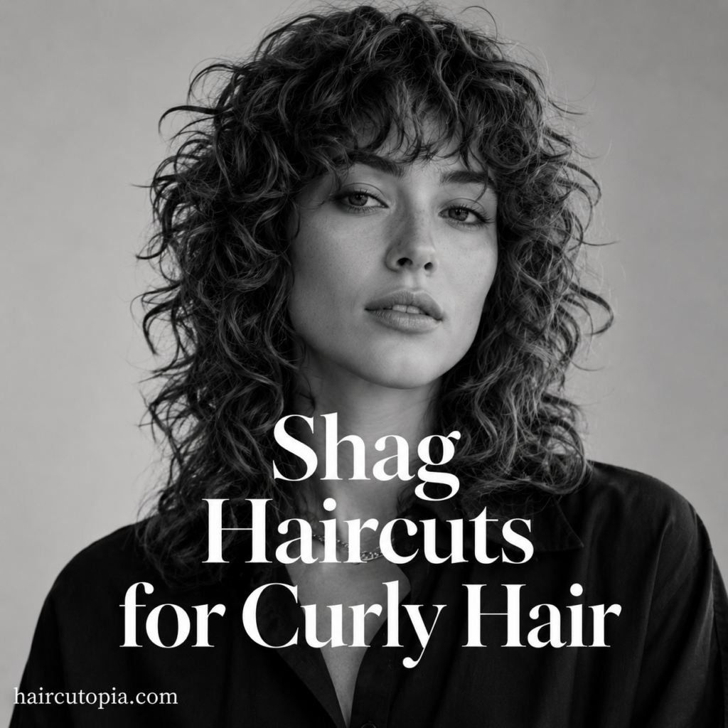 Woman with a layered shag haircut for curly hair featuring defined curls, curly bangs, and natural volume
