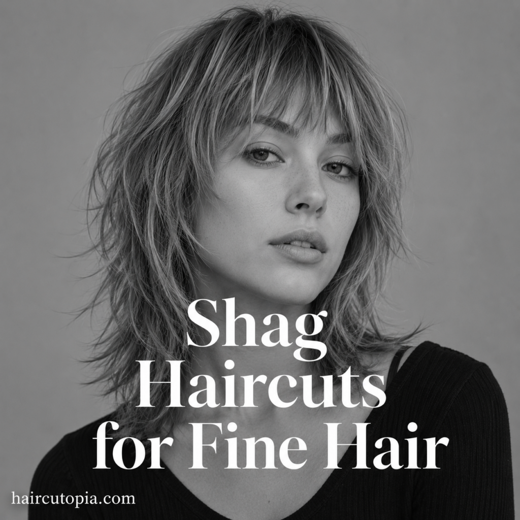 Woman with a layered shag haircut for fine hair featuring wispy bangs, crown volume, and feathered ends