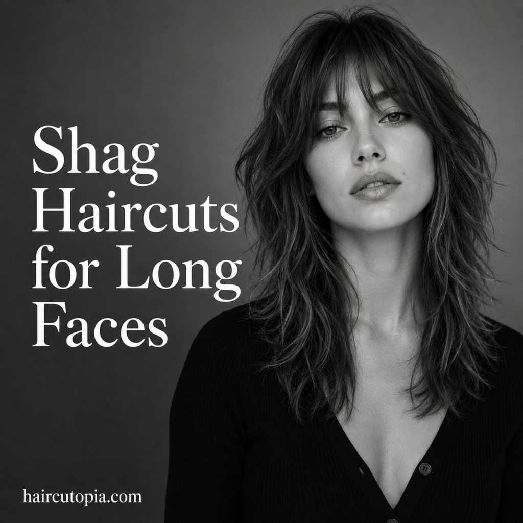 Woman with a shoulder-length shag haircut and curtain bangs for a long face.