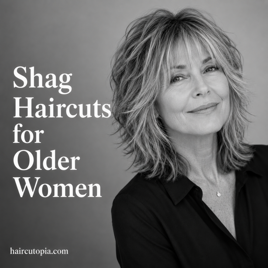 Older woman with a modern shoulder-length shag haircut featuring soft textured layers and curtain bangs.