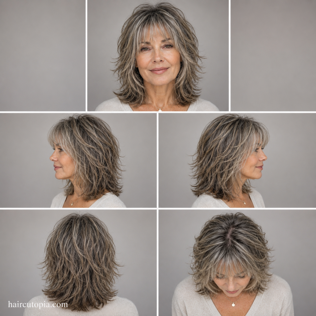Five-view collage of an older woman with a modern shoulder-length shag haircut showing the front, left side, right side, back, and top views.