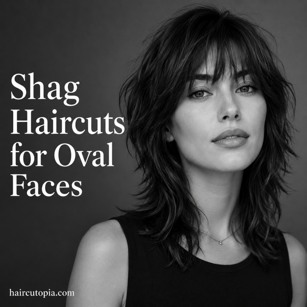 Woman with a textured shoulder-length shag haircut and soft curtain bangs for an oval face.