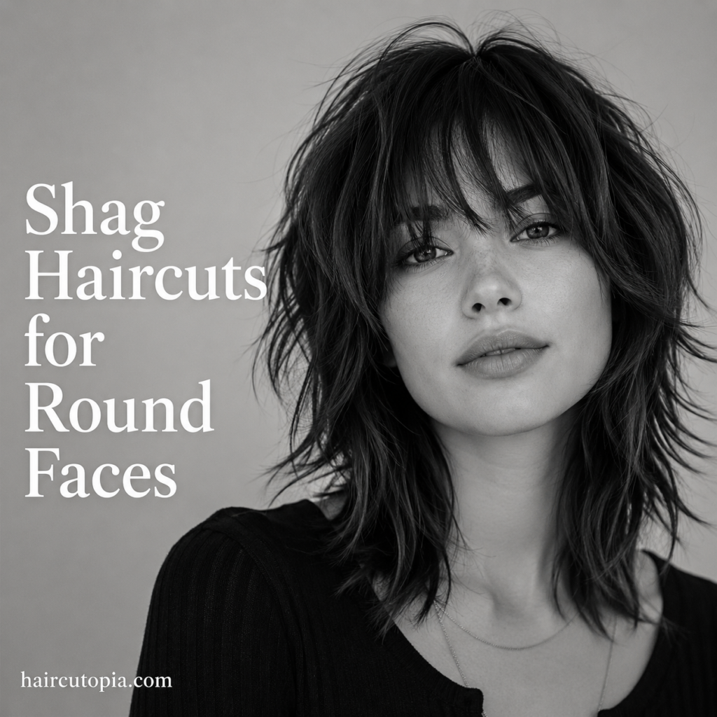 Woman with a textured shoulder-length shag haircut and curtain bangs for a round face.