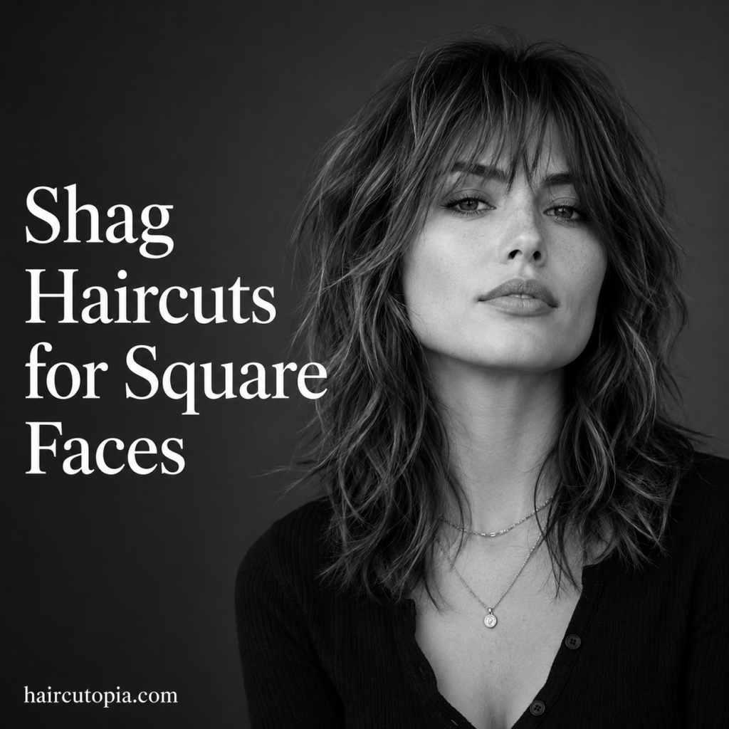 Woman with a textured shoulder-length shag haircut and curtain bangs for a square face.