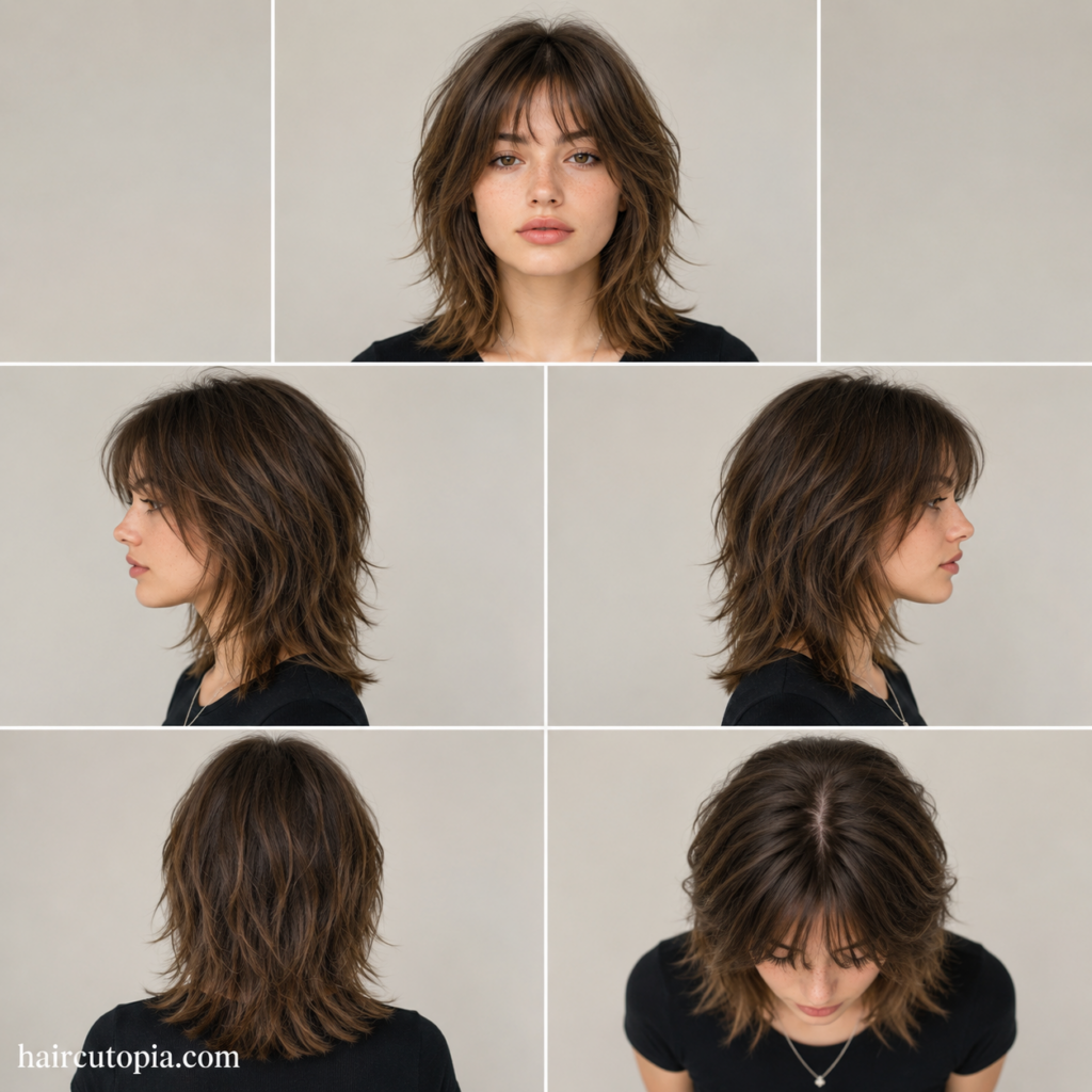 Five-view collage of a teen girl with a modern shag haircut showing the front, left side, right side, back, and top views.