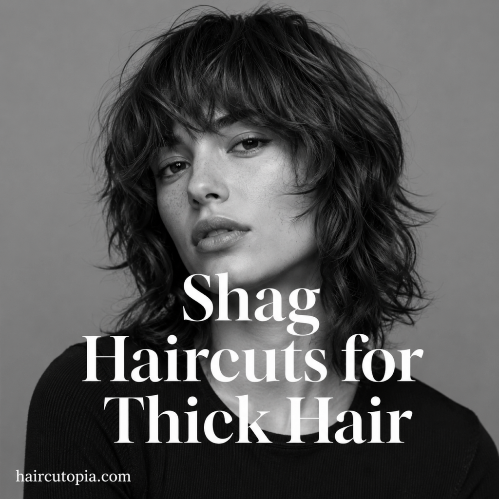 Woman with a layered shag haircut for thick hair featuring textured waves and full bangs