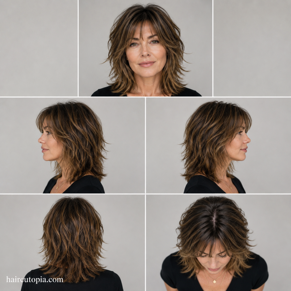 Five-view collage of a woman over 40 with a modern shoulder-length shag haircut showing the front, left side, right side, back, and top views.