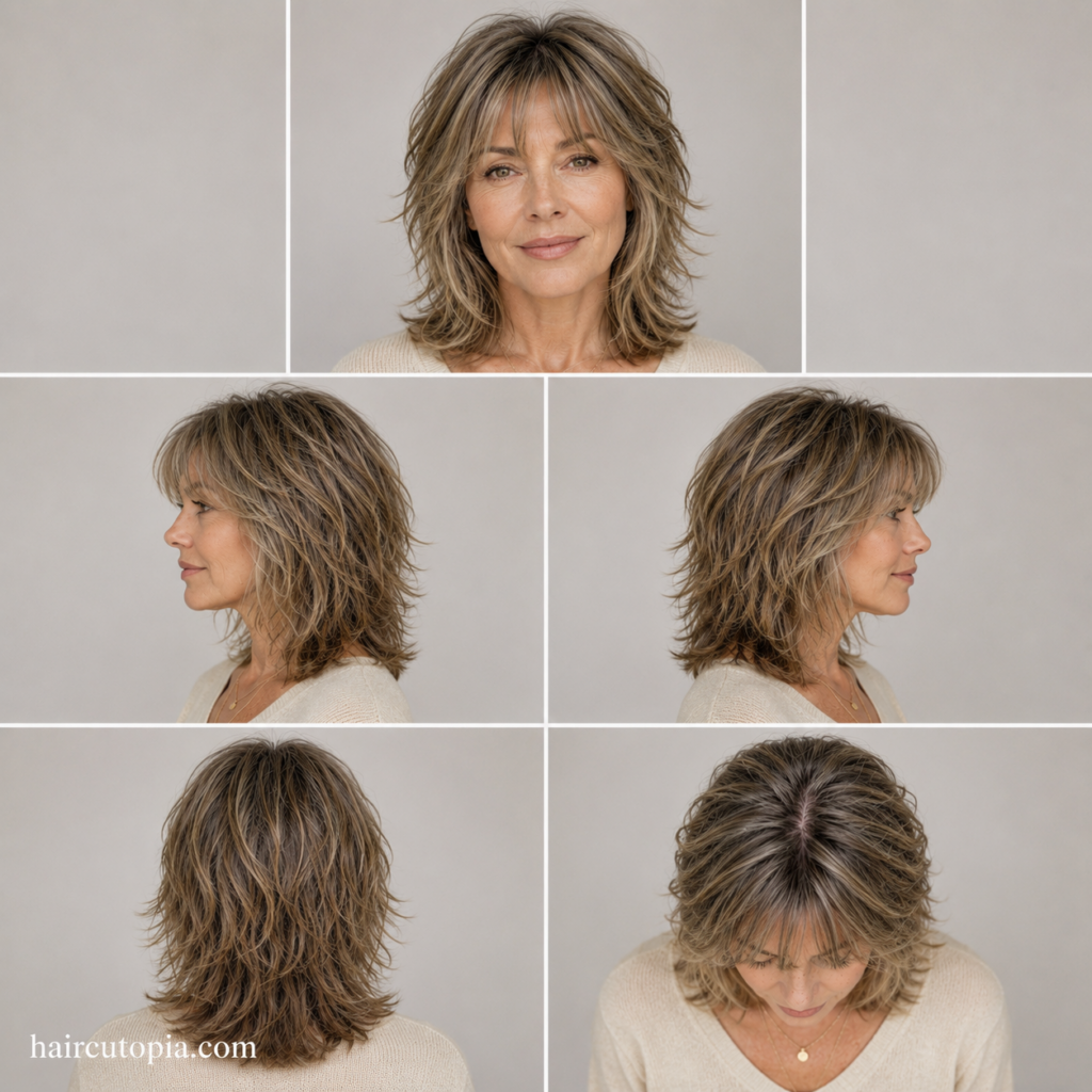 Five-view collage of a woman over 50 with a modern shag haircut showing the front, left side, right side, back, and top views.