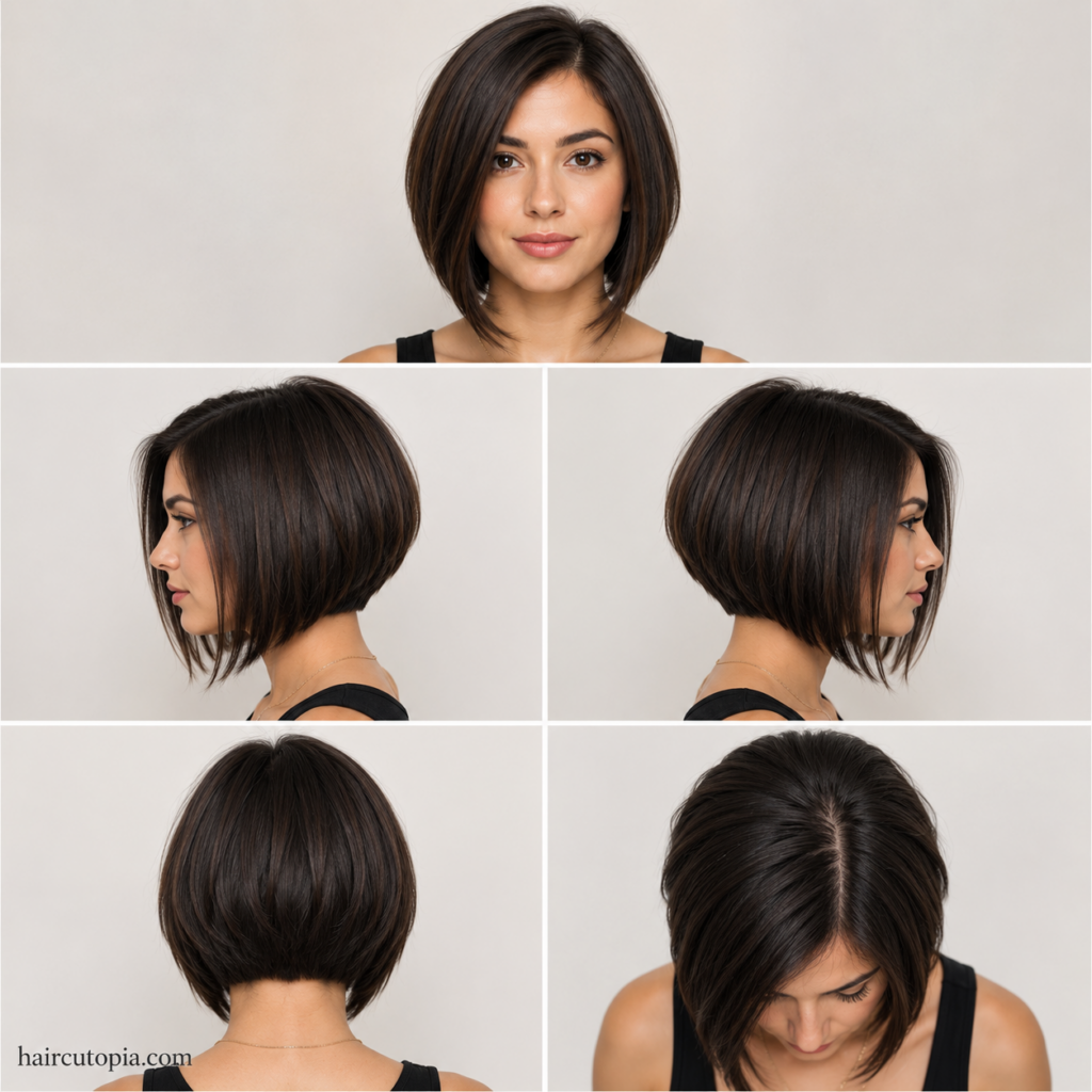 Five-view collage of a short A-line bob haircut showing the front, left side, right side, back, and top view of the angled hairstyle.