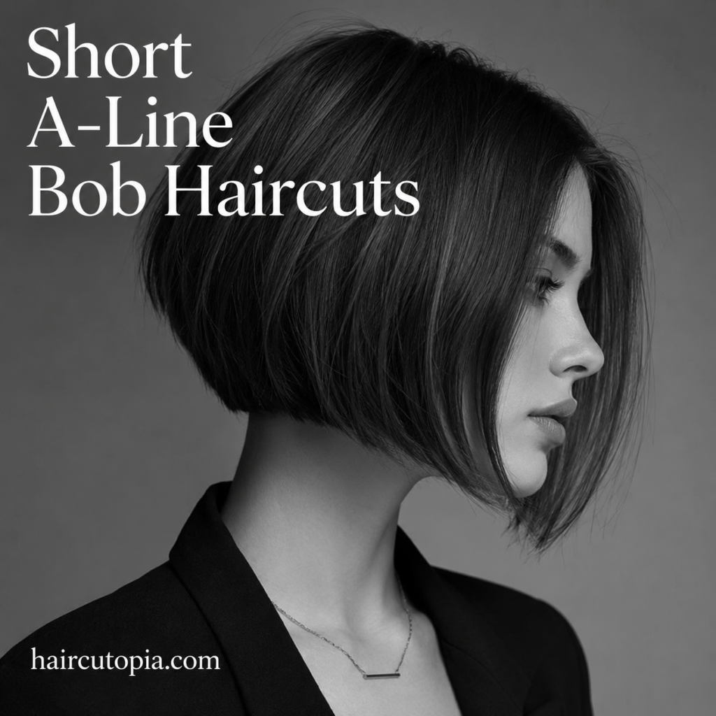 Short A-Line Bob Haircuts on a woman with a sleek chin-length angled bob in a black-and-white editorial portrait