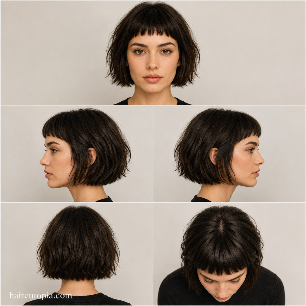 Five-view collage of a woman with a short bob haircut featuring short bangs shown from the front, left side, right side, back, and top views.