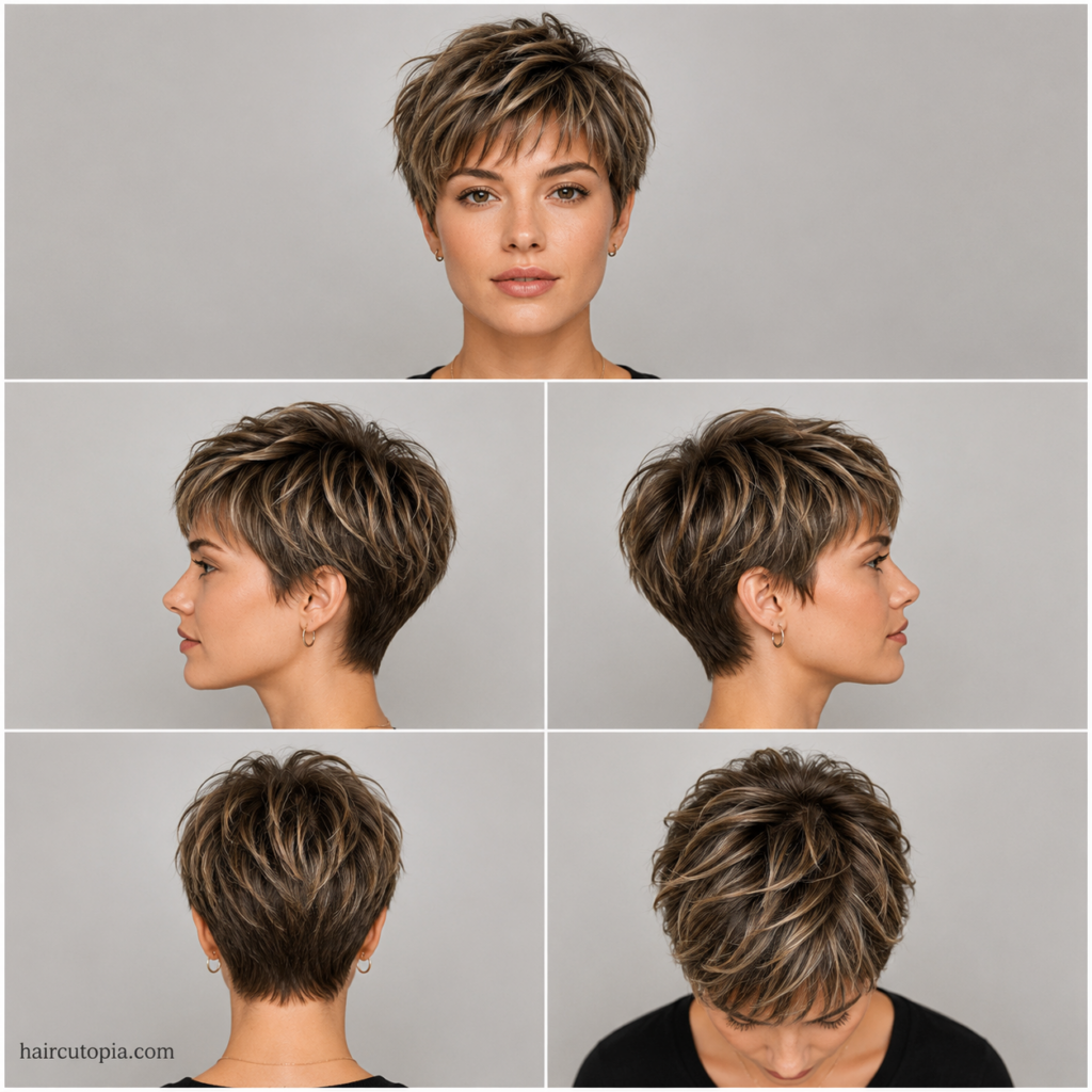 Short bixie haircut shown from the front, left side, right side, back, and top view highlighting layered texture and cropped shape.