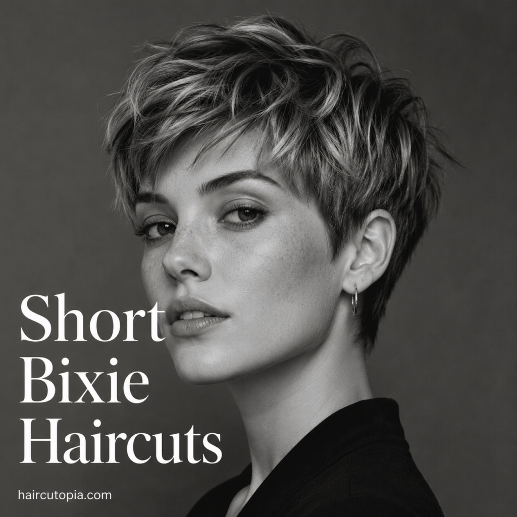 Woman with a stylish short bixie haircut featuring textured layers and modern volume.
