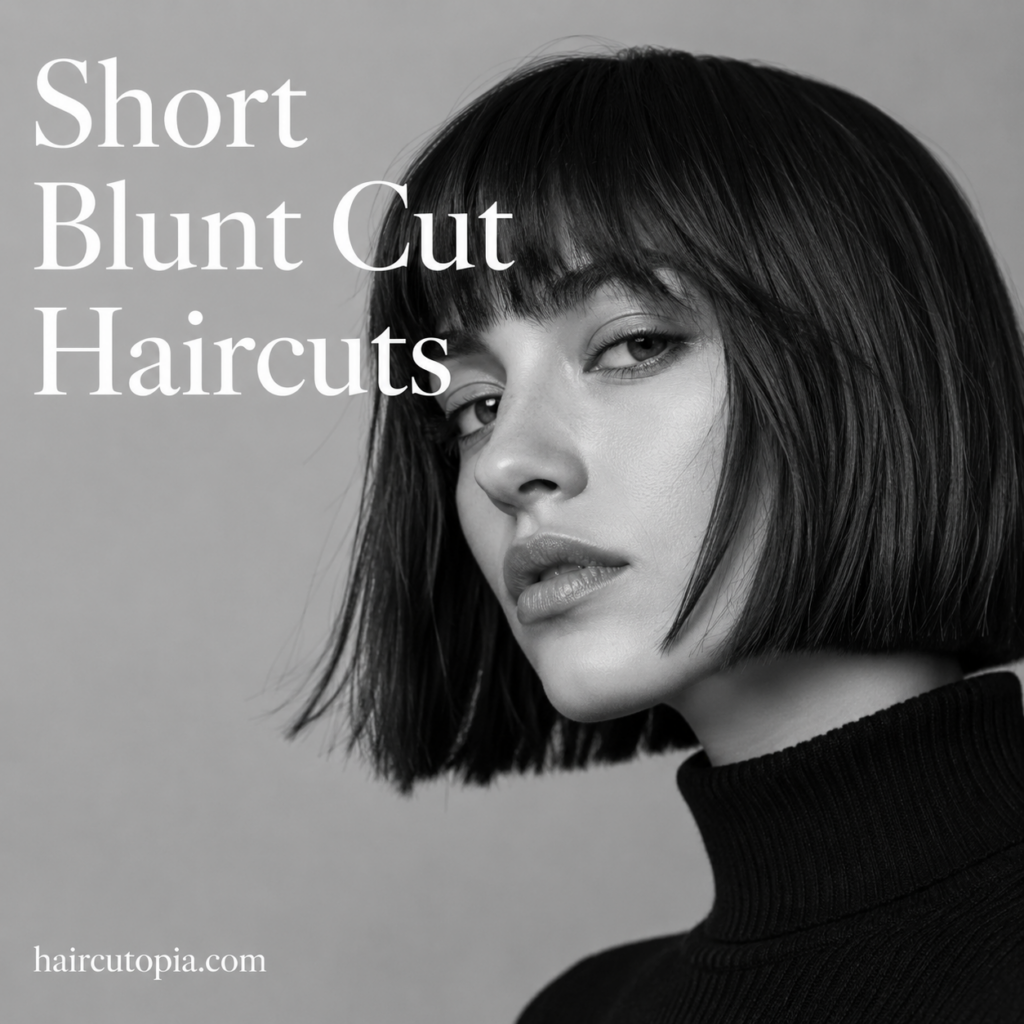 Woman with a sleek short blunt bob haircut in a black-and-white editorial portrait.