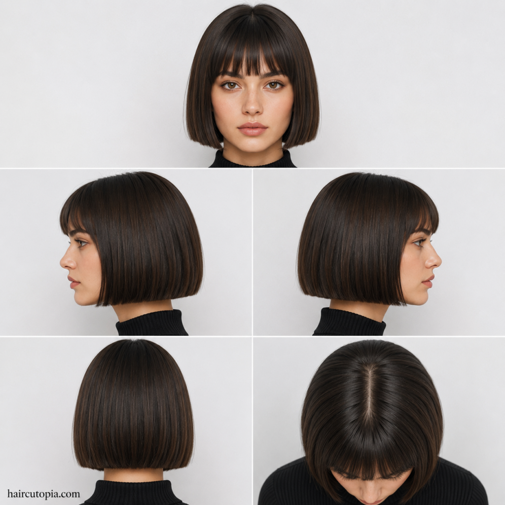 Five-panel collage showing a short blunt bob haircut from the front, left side, right side, back, and top views.
