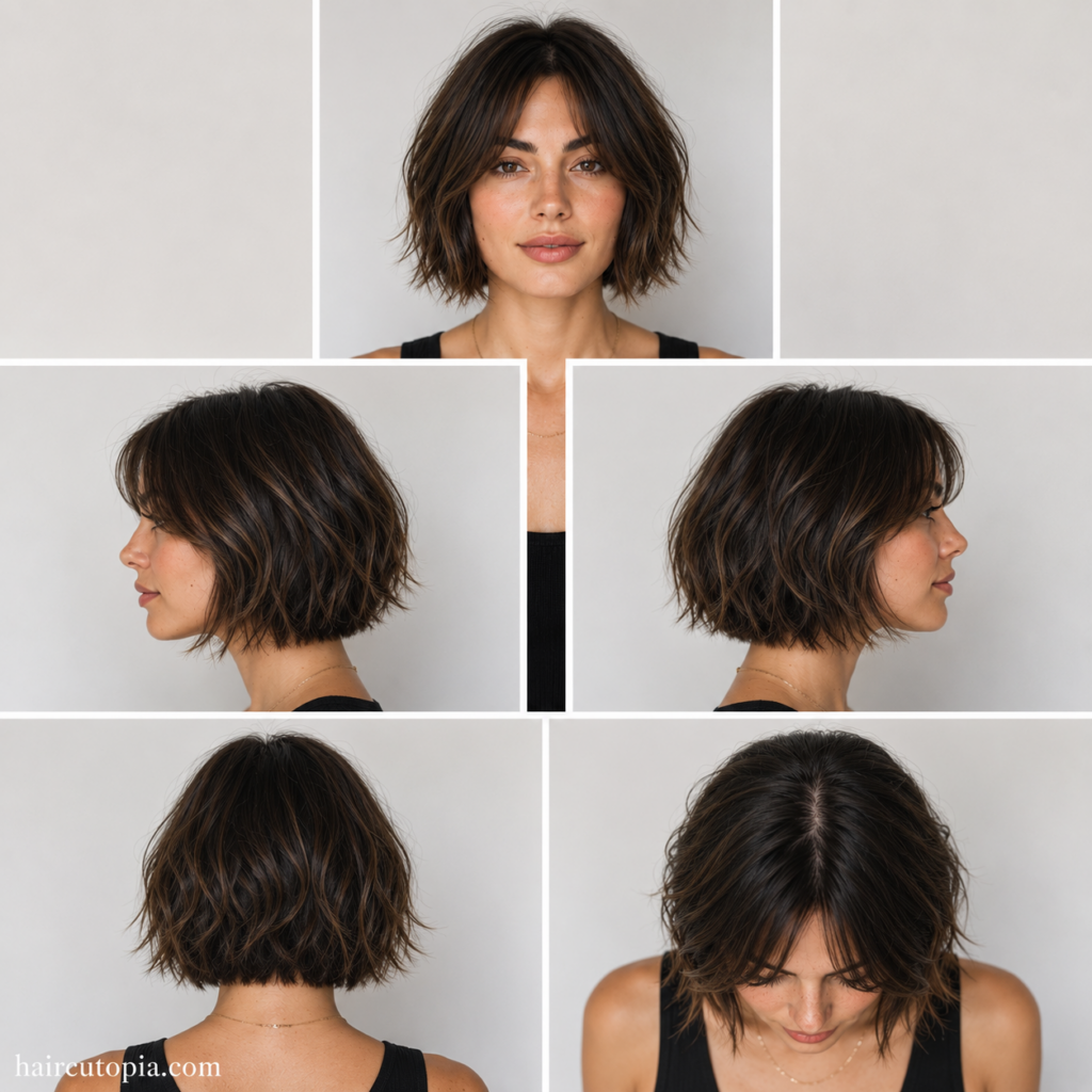 Short bob haircut shown from front, left side, right side, back, and top views