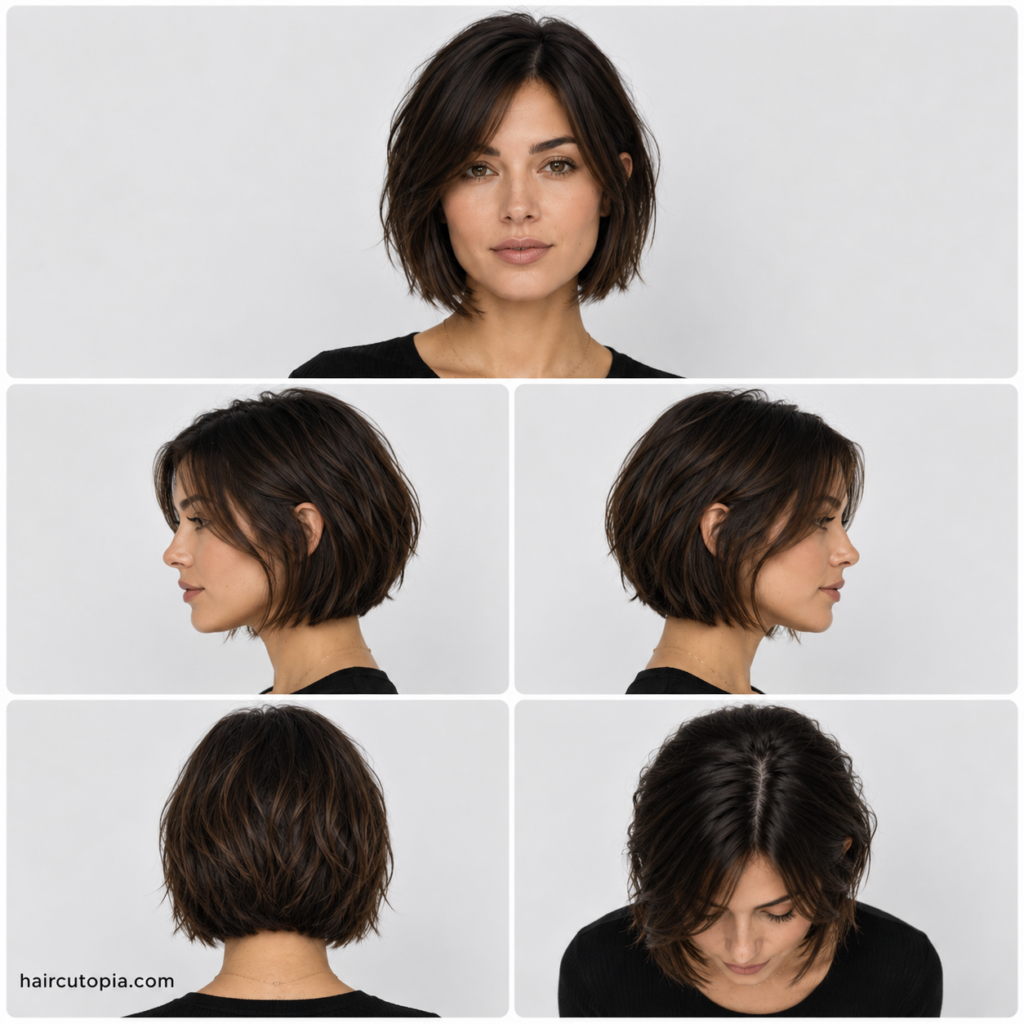 Five-view collage of a modern short bob haircut showing the front, left side, right side, back, and bird's-eye views.