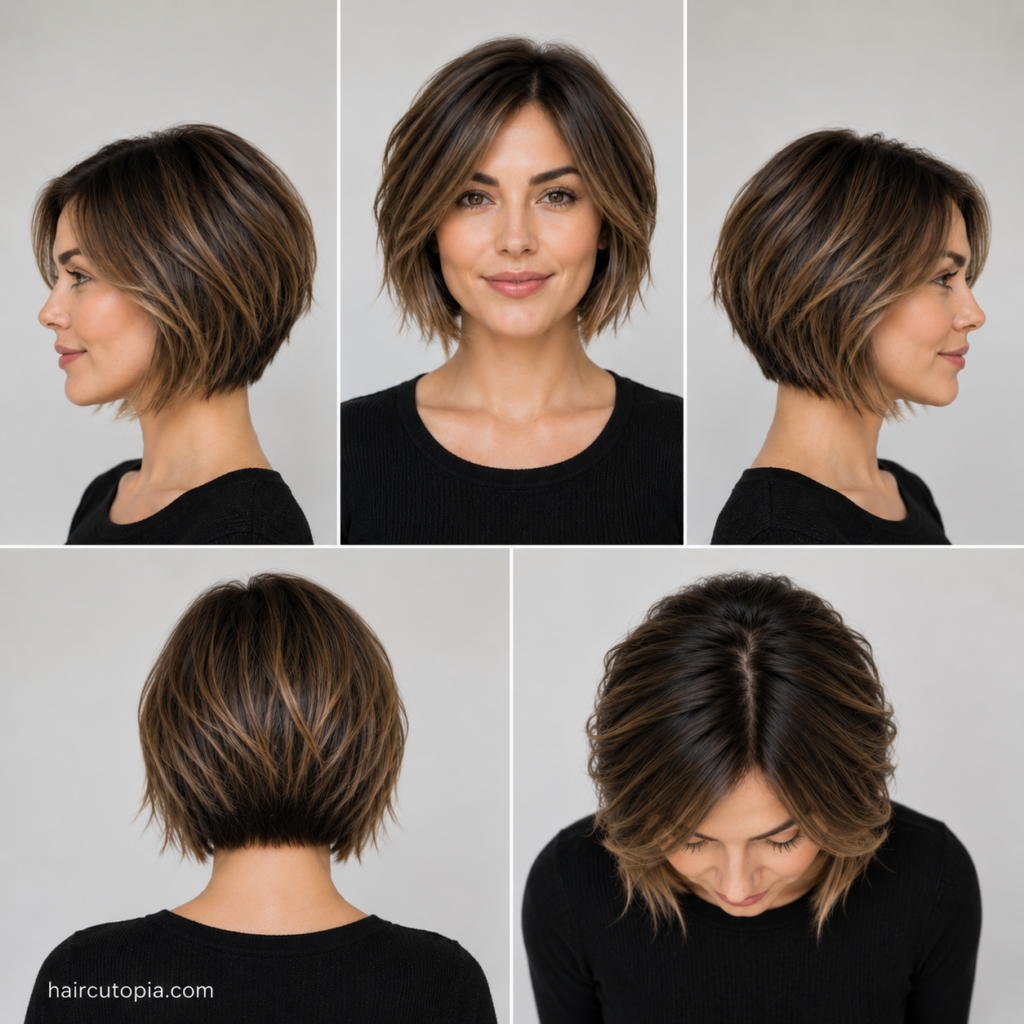 Five-view collage of a short bob haircut for a diamond-shaped face showing the front, left side, right side, back, and top views.