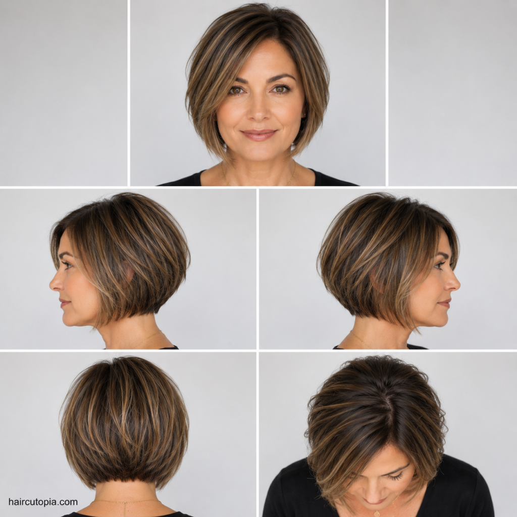 Five-view collage of a short bob haircut for busy moms showing the front, left side, right side, back, and bird's-eye views of a layered low-maintenance bob hairstyle.