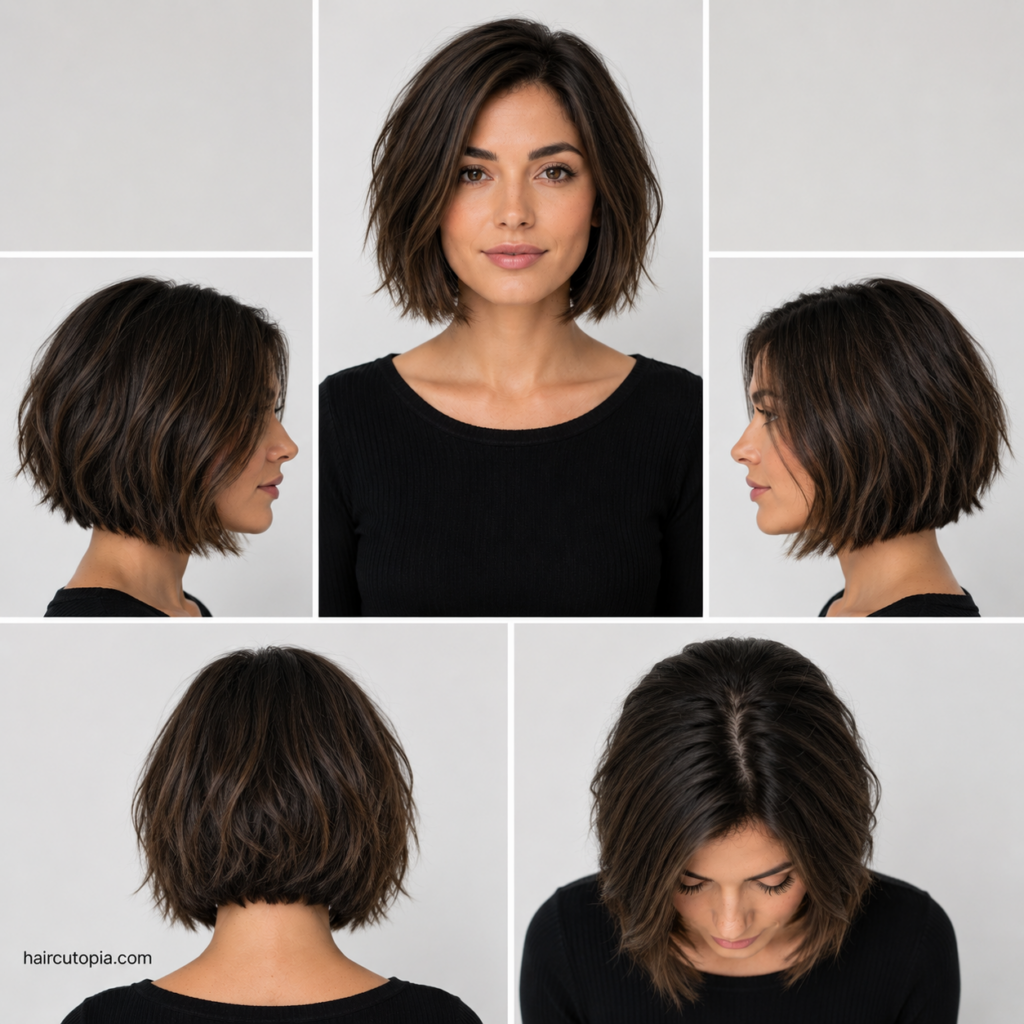 Five-panel collage of a short bob haircut for coarse hair showing the front, left side, right side, back, and top views with textured layers and balanced volume.