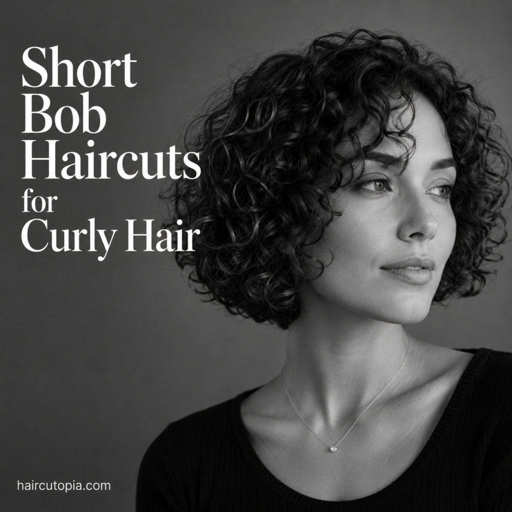 Woman with a modern short curly bob haircut in a black-and-white editorial portrait showcasing defined curls, natural volume, and a stylish rounded shape.