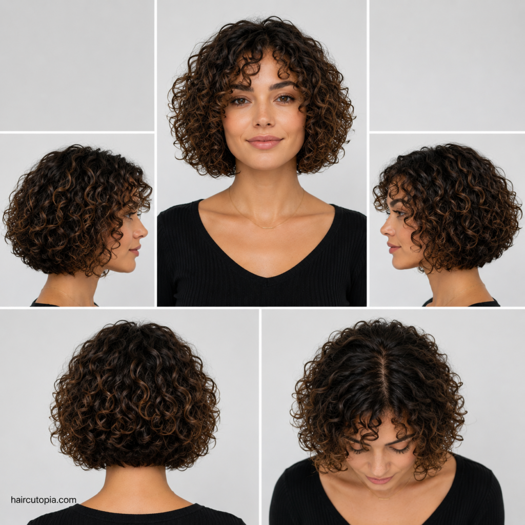 Five-panel collage of a short curly bob haircut showing the front, left side, right side, back, and top views with defined curls and rounded shape.