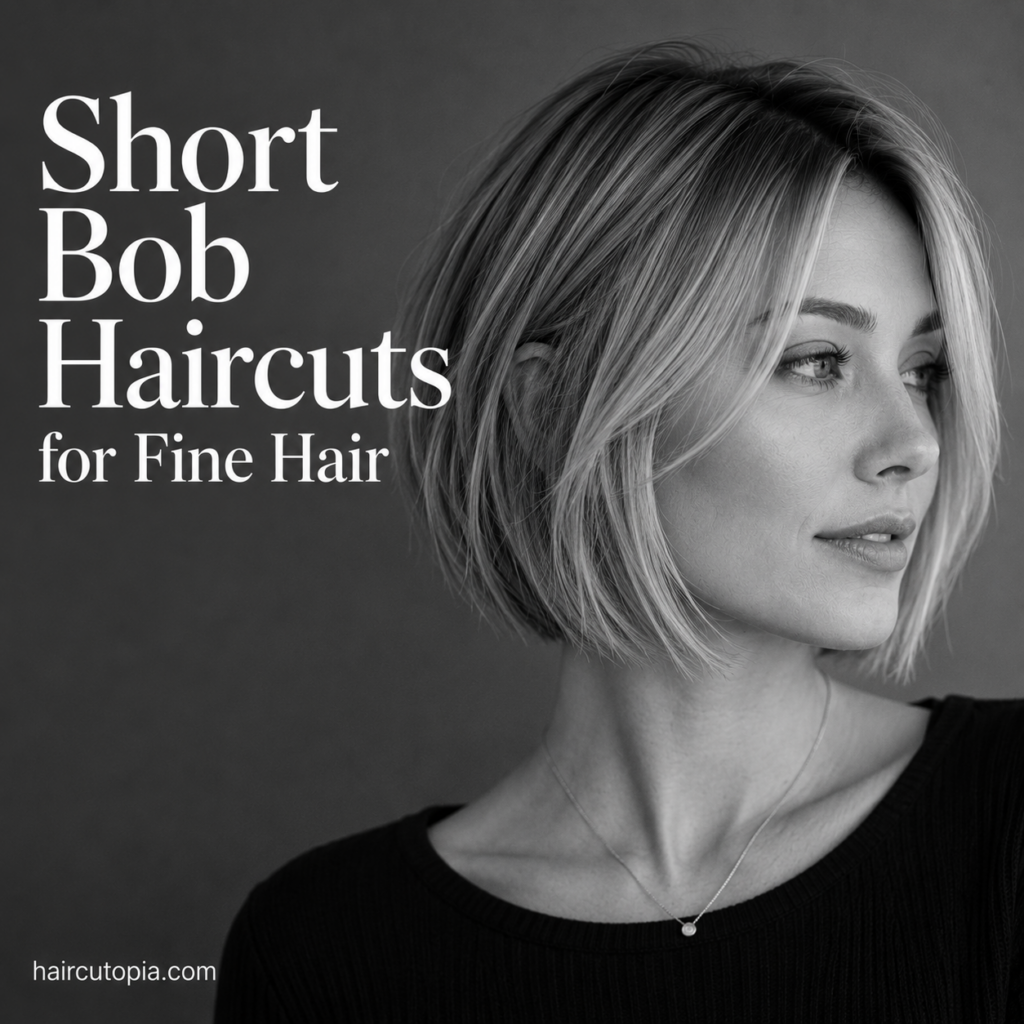 Woman with a modern short bob haircut for fine hair in a black-and-white editorial portrait featuring soft layers and natural volume.