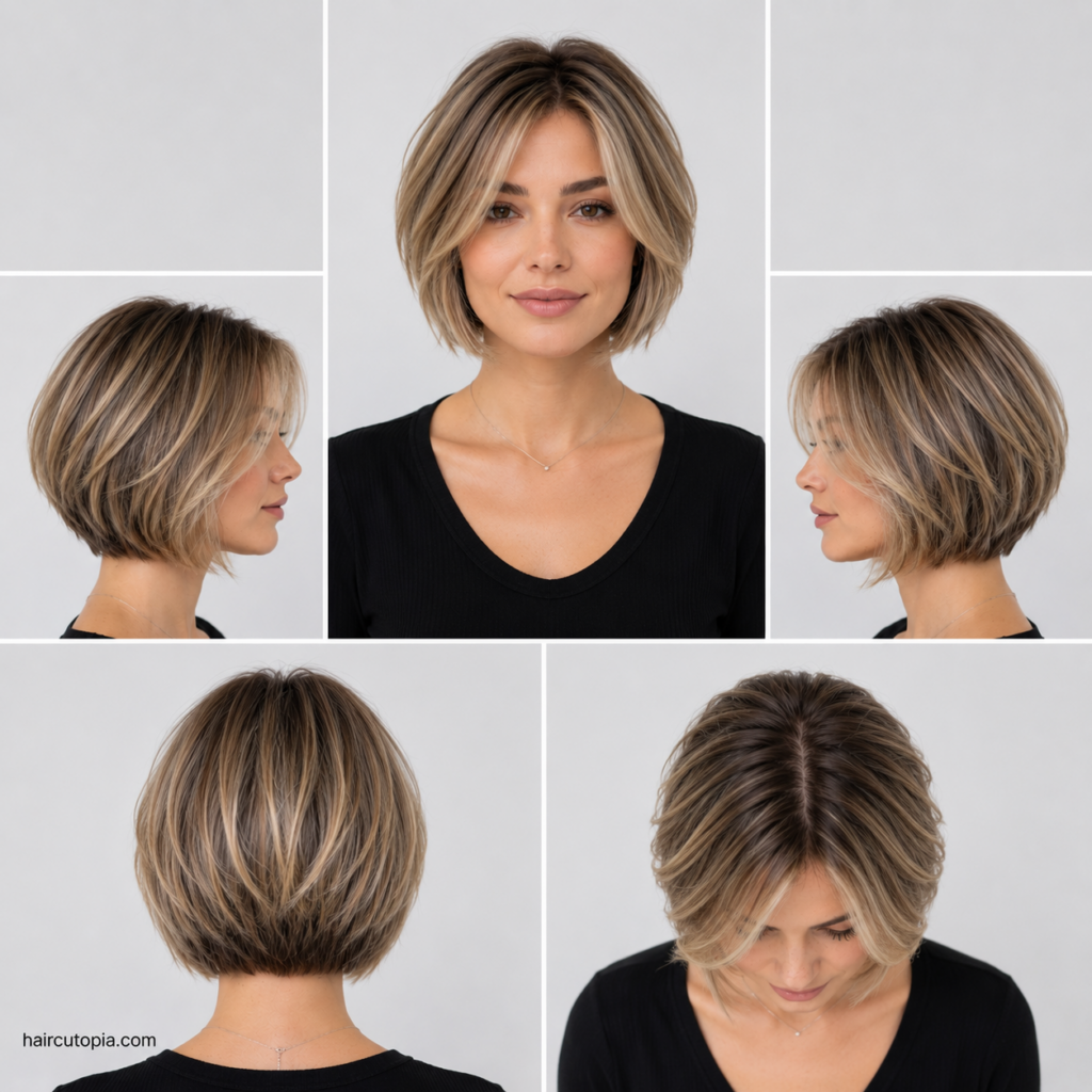 Five-panel collage showing a short bob haircut for fine hair from the front, left side, right side, back, and top views, highlighting volume and soft layering.