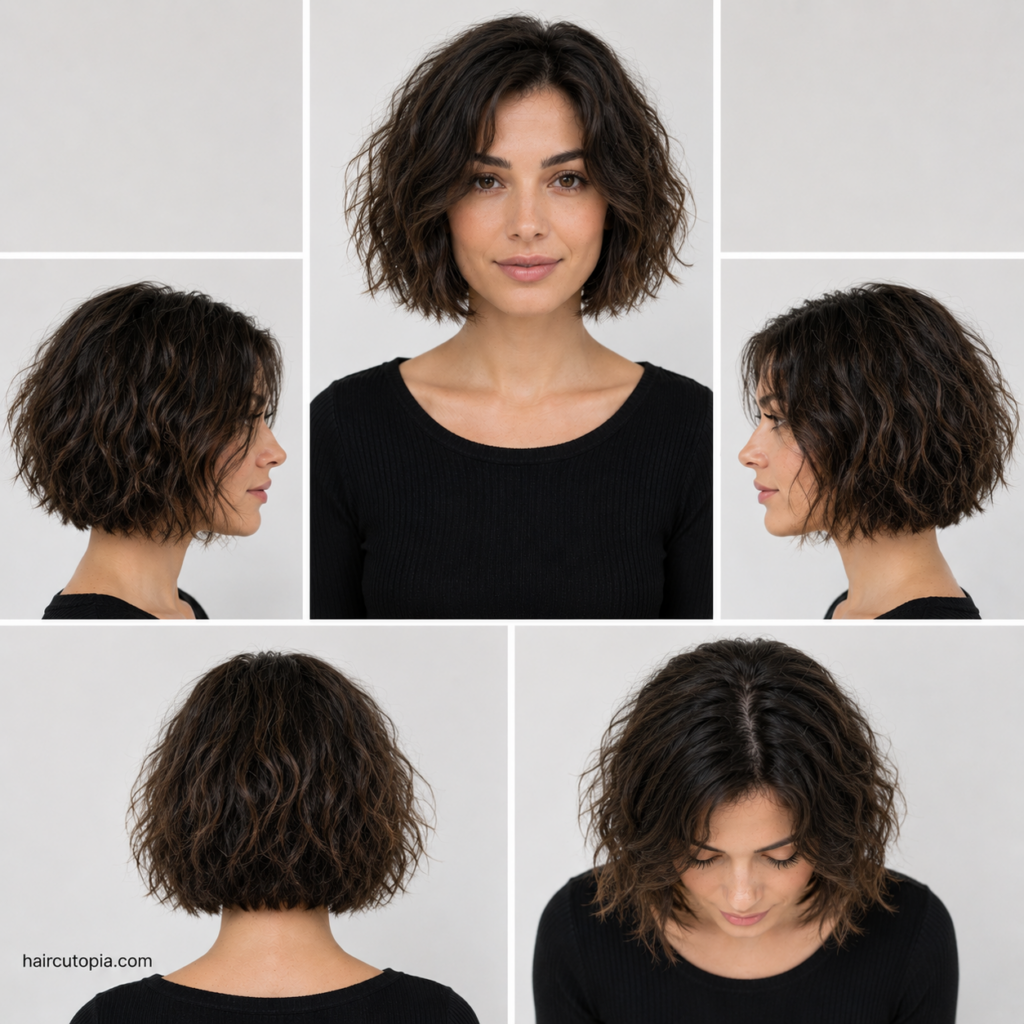 Five-panel collage of a short bob haircut for frizzy hair showing the front, left side, right side, back, and top views with natural texture and balanced volume.