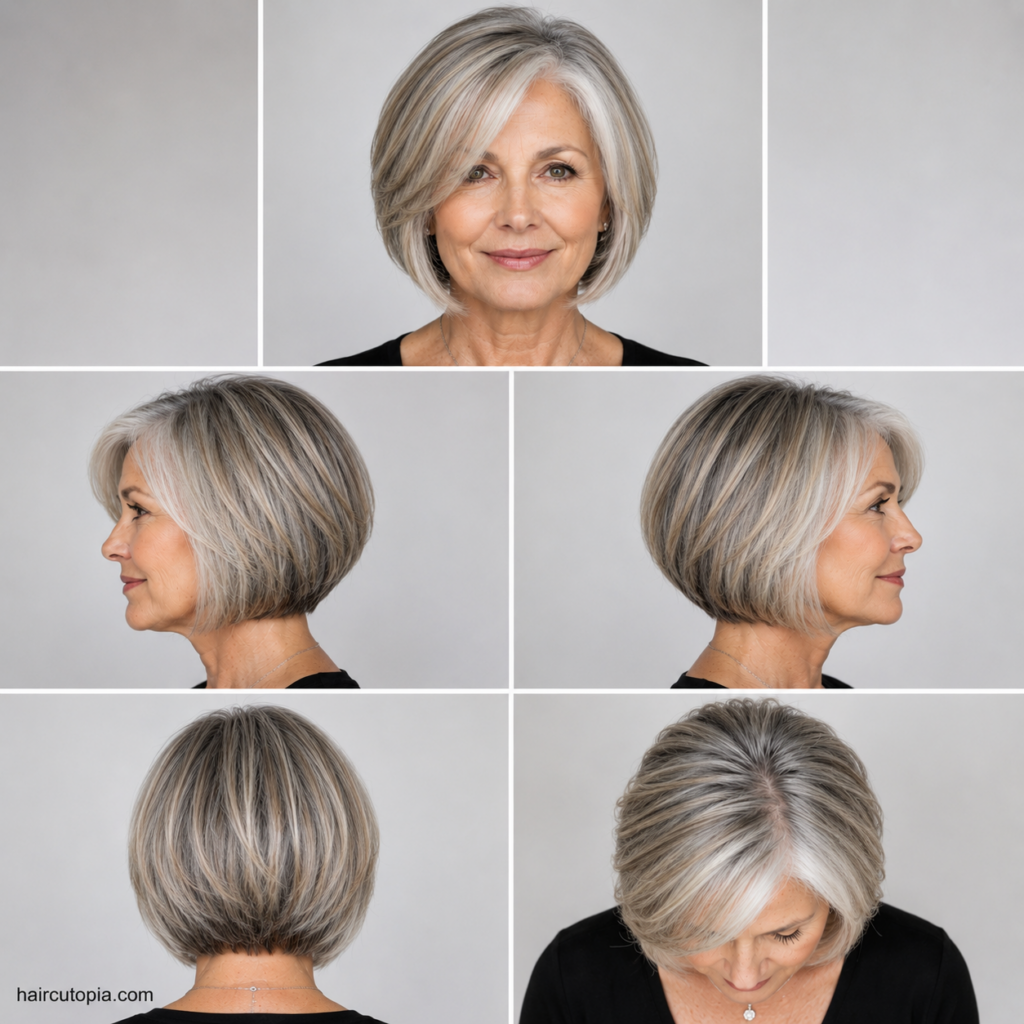 Five-view collage of a short bob haircut for older women featuring front, left side, right side, back, and bird's-eye views of a layered silver bob hairstyle.