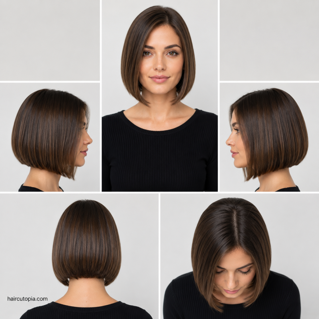 Five-panel collage of a sleek short bob haircut for straight hair showing the front, left side, right side, back, and top views with a precision-cut silhouette.