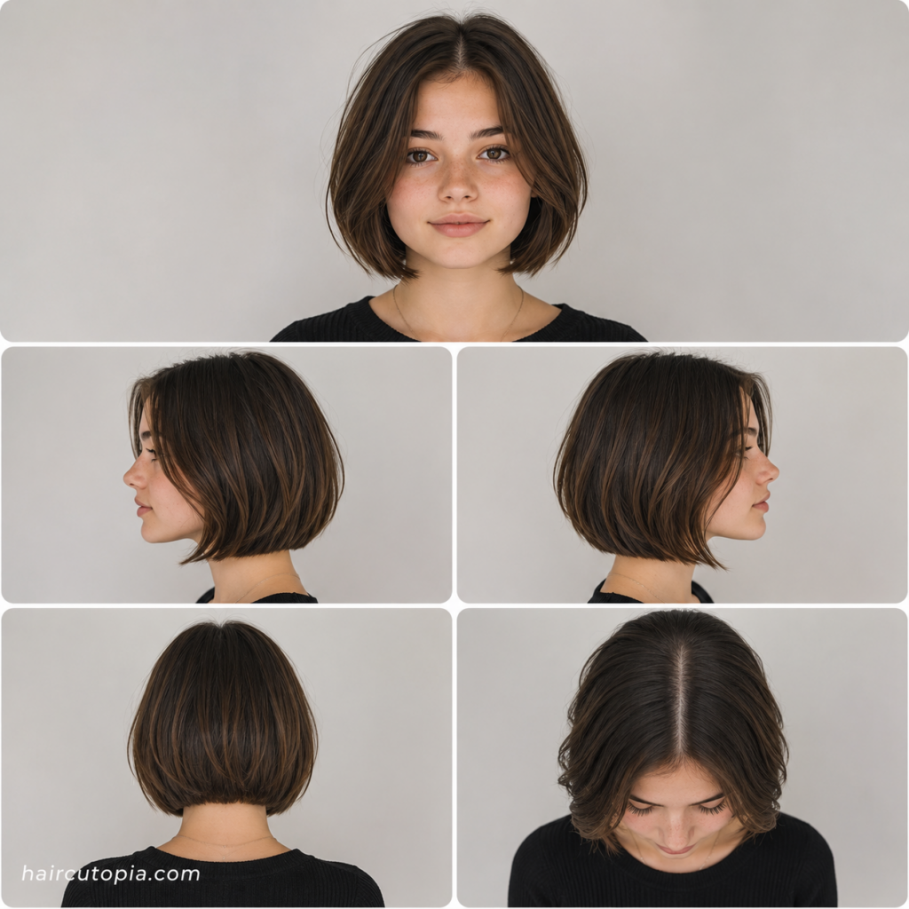Five-view collage of a teen girl's short bob haircut showing the front, left side, right side, back, and top views with natural texture and a modern chin-length bob.