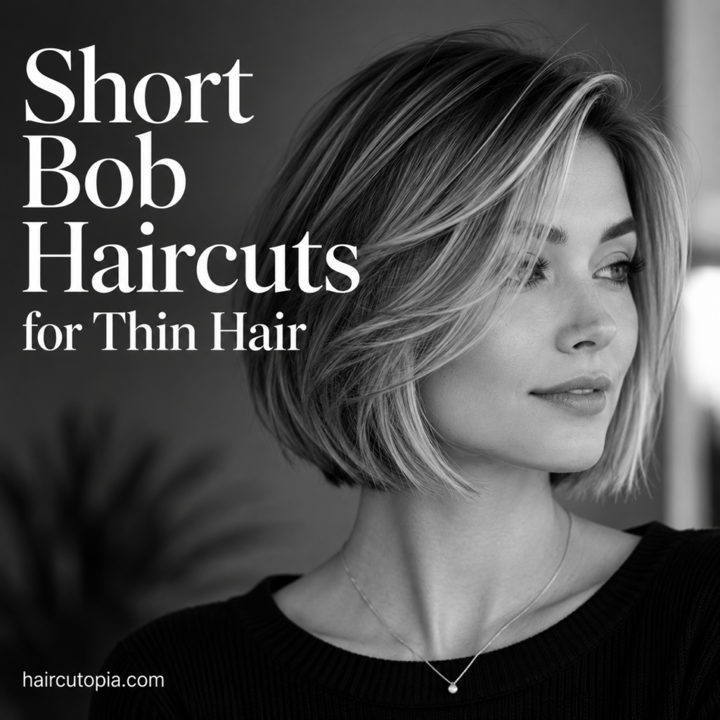 Woman with a modern short bob haircut for thin hair in a black-and-white editorial portrait showcasing soft layers and natural volume.