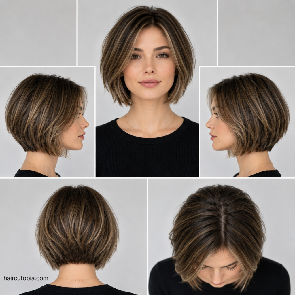 Five-panel collage of a short bob haircut for thin hair showing the front, left side, right side, back, and top views to highlight volume and shape.