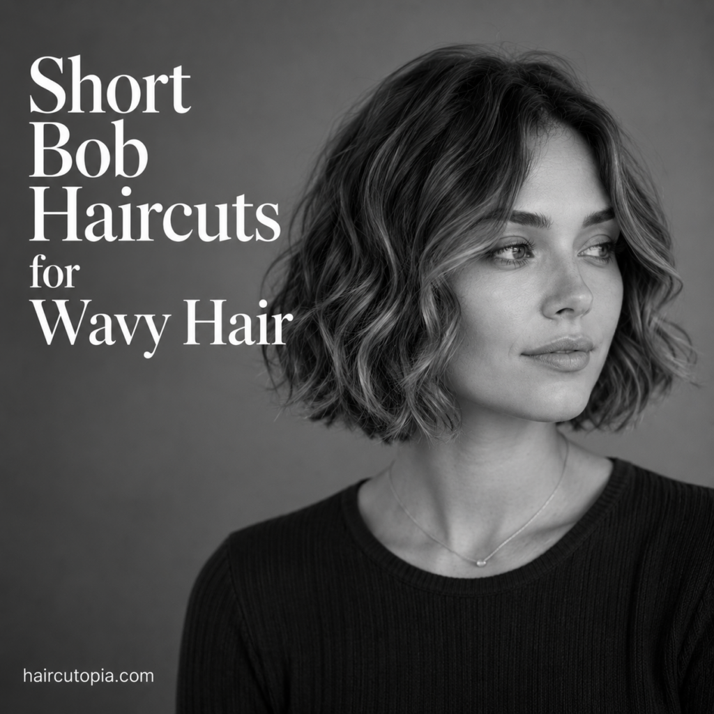 Woman with a modern short wavy bob haircut in a black-and-white editorial portrait featuring soft texture, natural movement, and effortless volume.