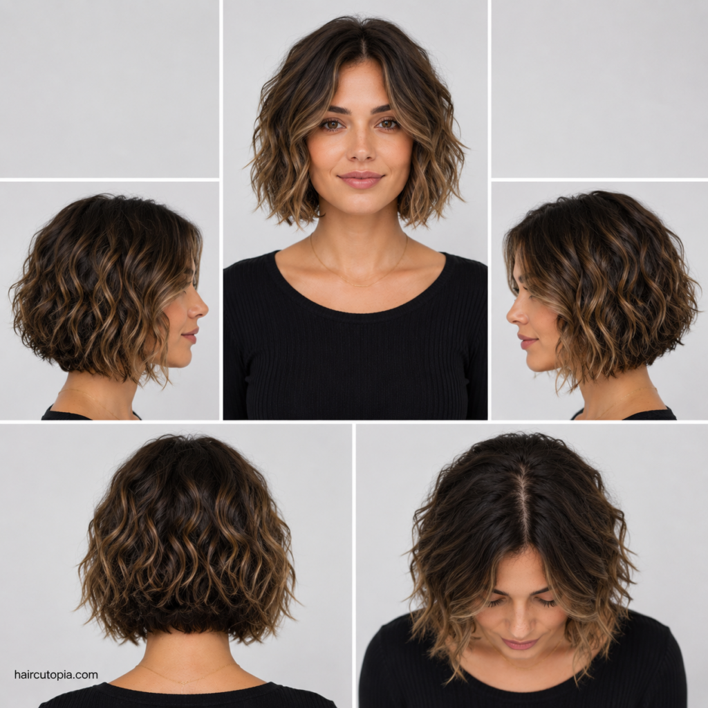 Five-panel collage of a short wavy bob haircut showing the front, left side, right side, back, and top views with soft texture and natural movement.