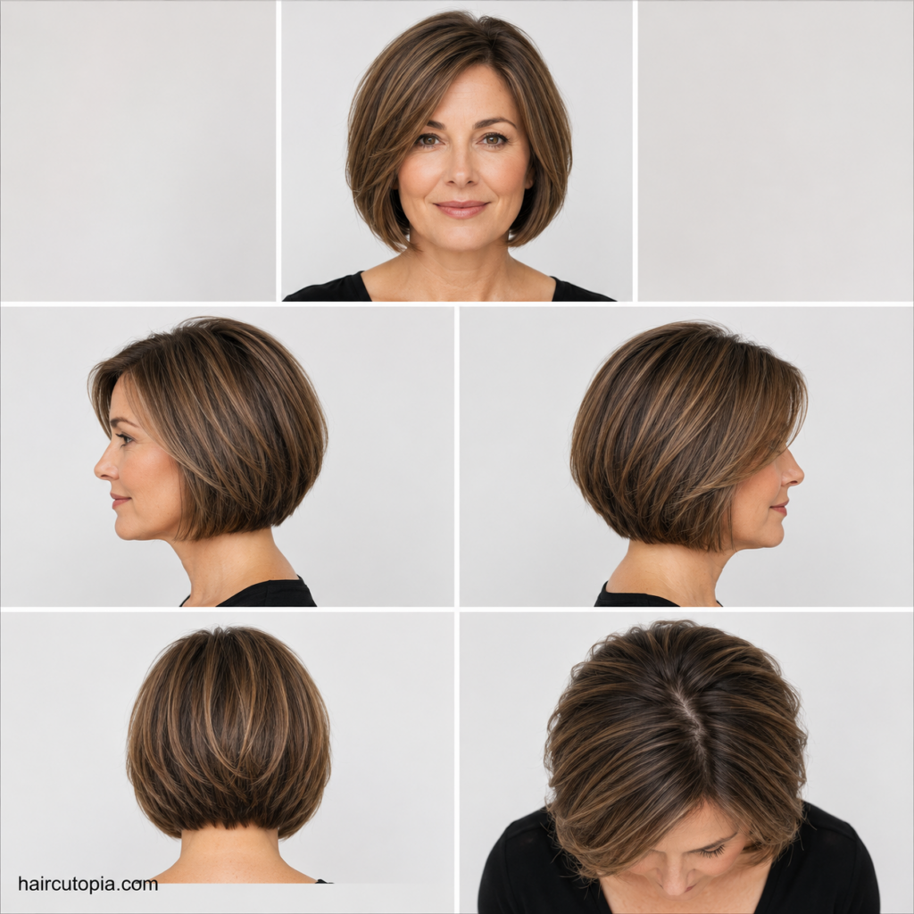Five-view collage of a short bob haircut for women over 40 showing the front, left side, right side, back, and top views of a layered bob hairstyle.