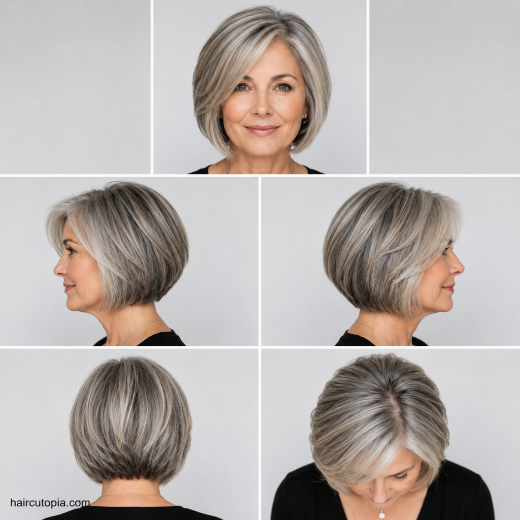 Five-view collage of a short bob haircut for women over 50 featuring front, left side, right side, back, and bird's-eye views of a layered silver bob hairstyle.