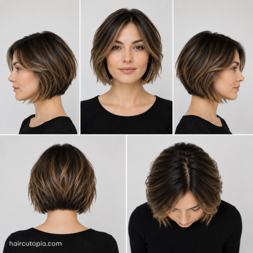 Five-view collage of a short bob haircut for a heart-shaped face showing the front, left side, right side, back, and top views.