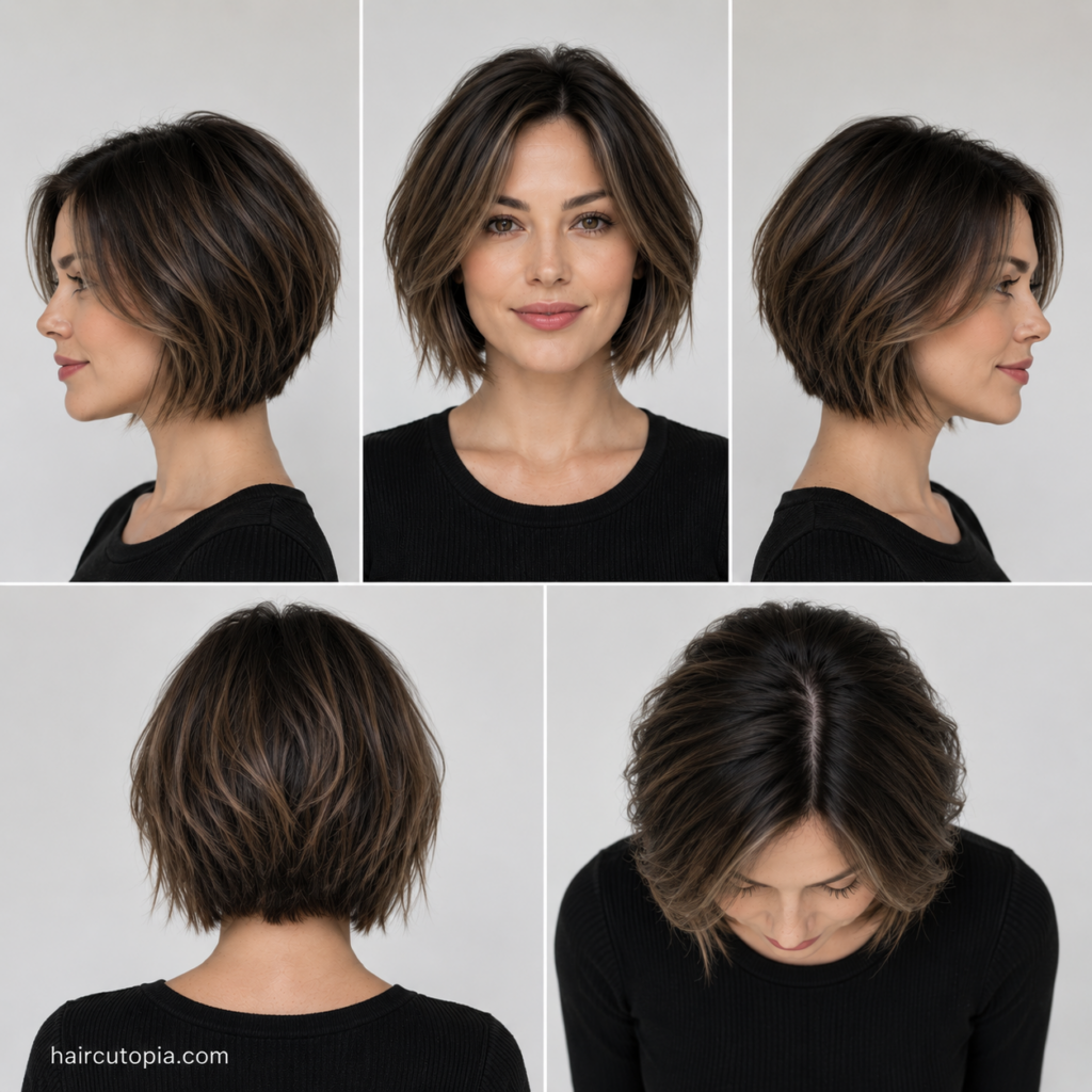Five-view collage of a short bob haircut for a long face showing the front, left side, right side, back, and top views.