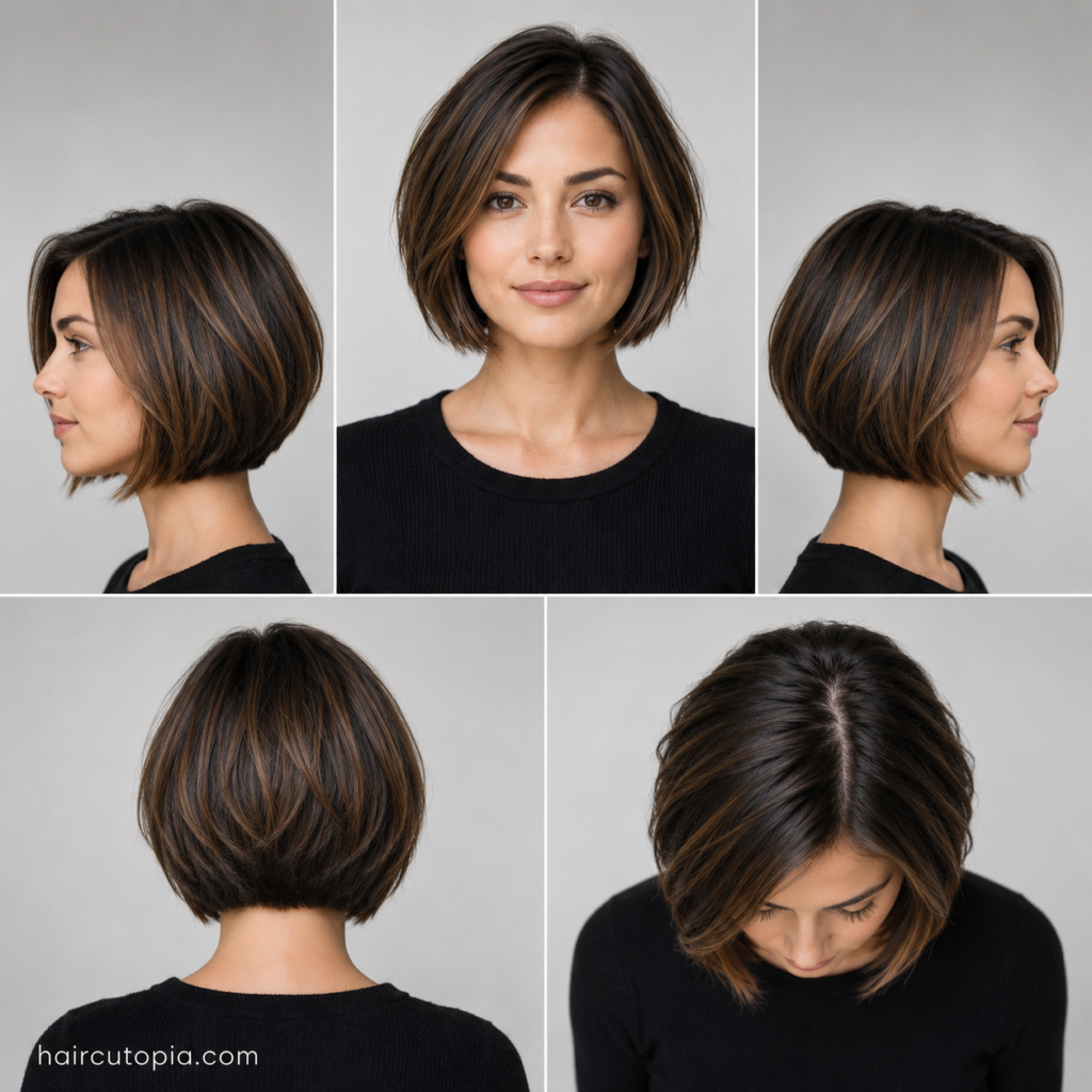 Five-view collage of a short bob haircut for an oval face showing the front, left side, right side, back, and top views.