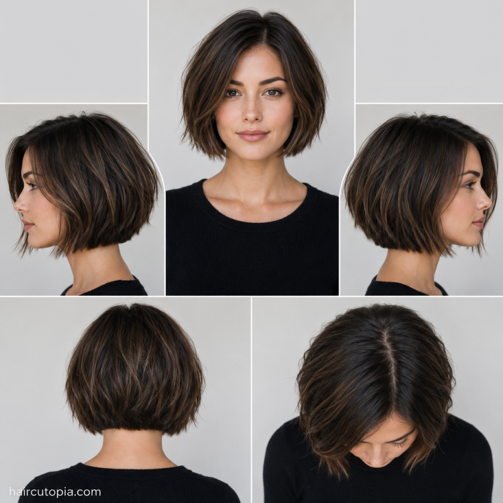 Five-view collage of a short bob haircut for a round face showing the front, left side, right side, back, and top views.