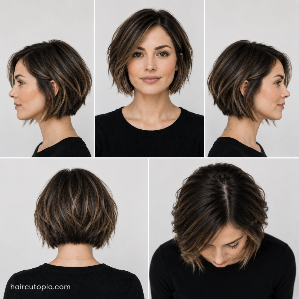 Five-view collage of a short bob haircut for a square face showing the front, left side, right side, back, and top views.