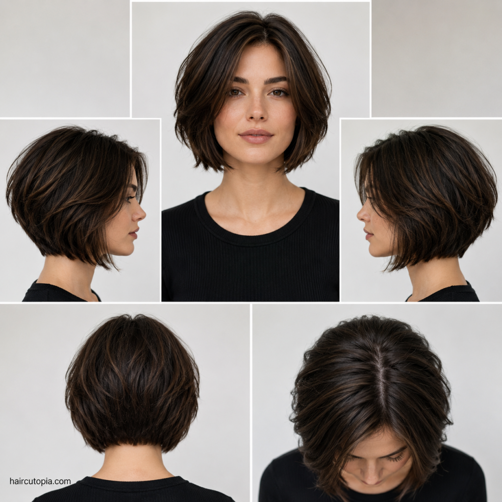 Five-panel collage of a short bob haircut for thick hair showing the front, left side, right side, back, and top views with soft layers and natural volume.